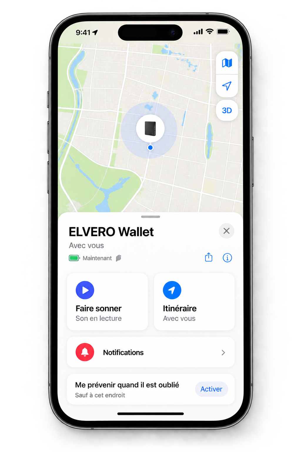 ELVERO localisé sur la carte dans l'application Localiser