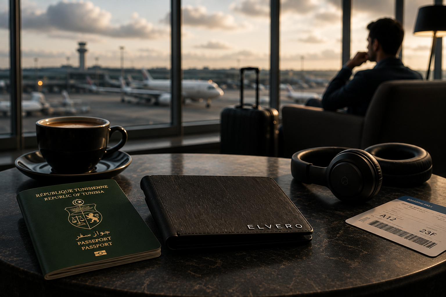 Portefeuille ELVERO posé sur une table, en voyage